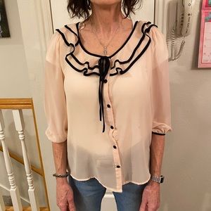 Sheer blouse with ruffled neckline, cream